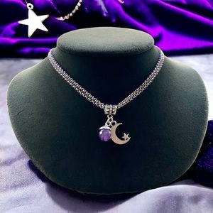 Stainless steel double chain moon star & amethyst